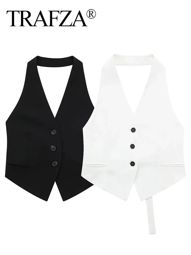 TRAFZA Summer Women Halter Collar Waistcoat Vest Street Style Sexy Lacing With Halter Button Sleeveless Top Vintage Solid Vests
