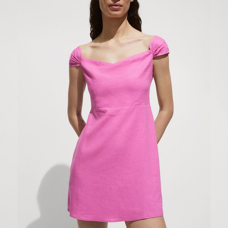 High end custom clothing factory elegant summer new style square neck slim fit pure linen women's mini dress