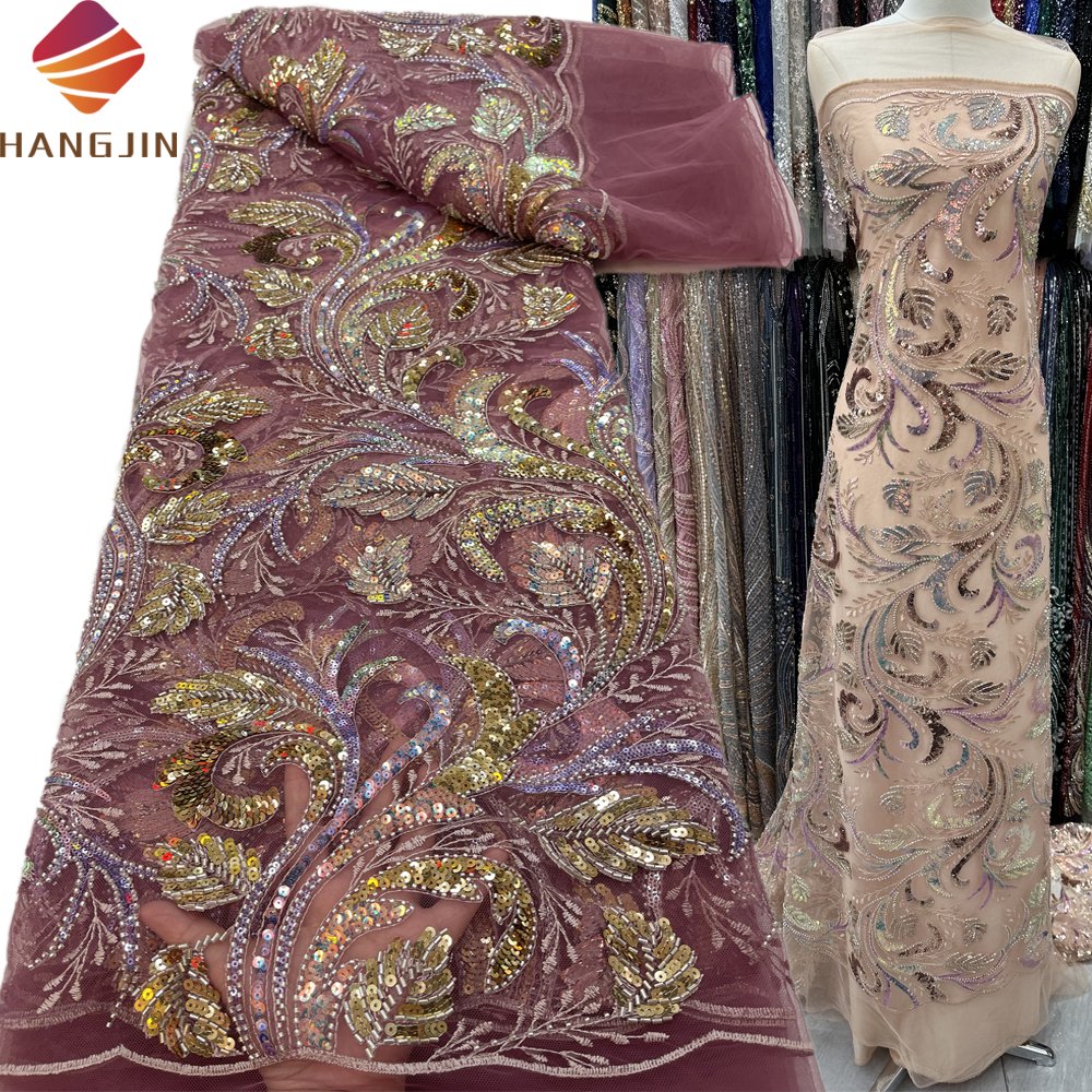 High Quality Sequins Tulle Embroidery Heavy Beaded Luxury 3D Mesh African Lace Fabric With Sequence For Bridal Dress