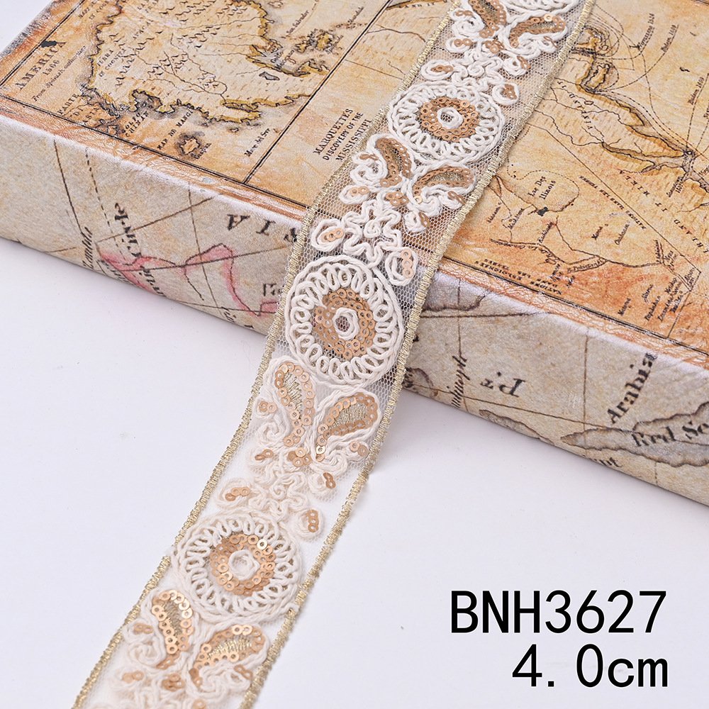 Width 2.5 Cm 2 Cm Golden Sequins Guipure Lace Ribbon Handmade Embroidered Curtain Lace Trim Bar Code For Clothing Decoration