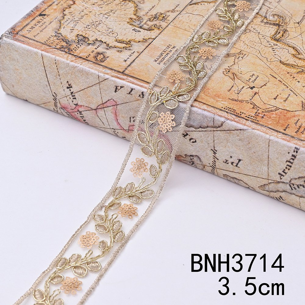 Width 2.5 Cm 2 Cm Golden Sequins Guipure Lace Ribbon Handmade Embroidered Curtain Lace Trim Bar Code For Clothing Decoration