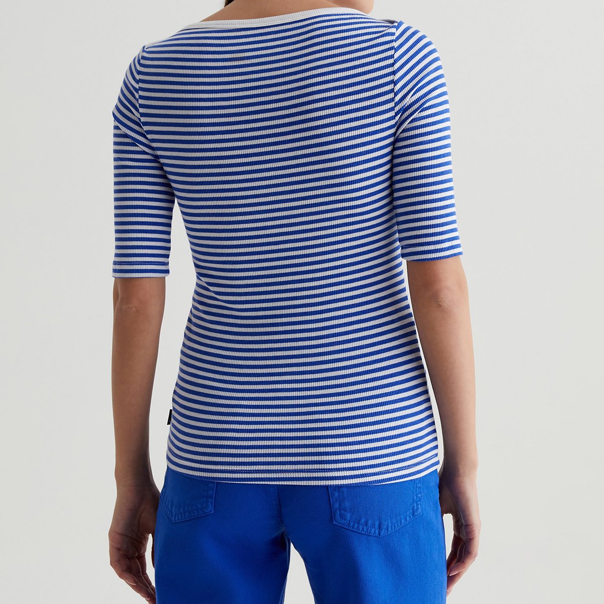 OEM/ODM Custom White Binding Navy Women's Elegant Boat Neck Top Tee - Slim Fit, Cap Sleeves, Striped Cotton-Blend