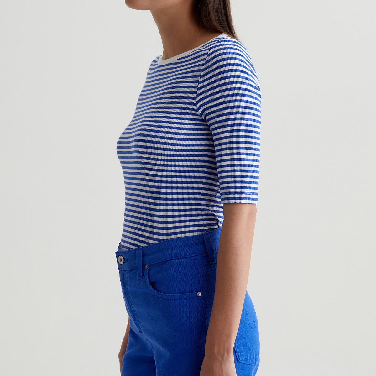 OEM/ODM Custom White Binding Navy Women's Elegant Boat Neck Top Tee - Slim Fit, Cap Sleeves, Striped Cotton-Blend
