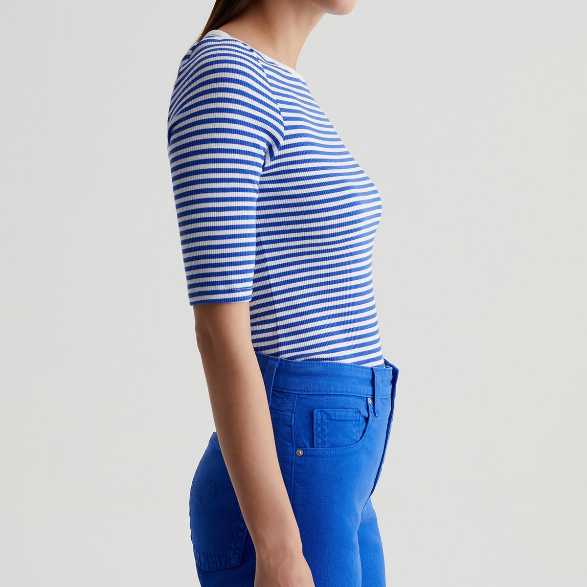 OEM/ODM Custom White Binding Navy Women's Elegant Boat Neck Top Tee - Slim Fit, Cap Sleeves, Striped Cotton-Blend