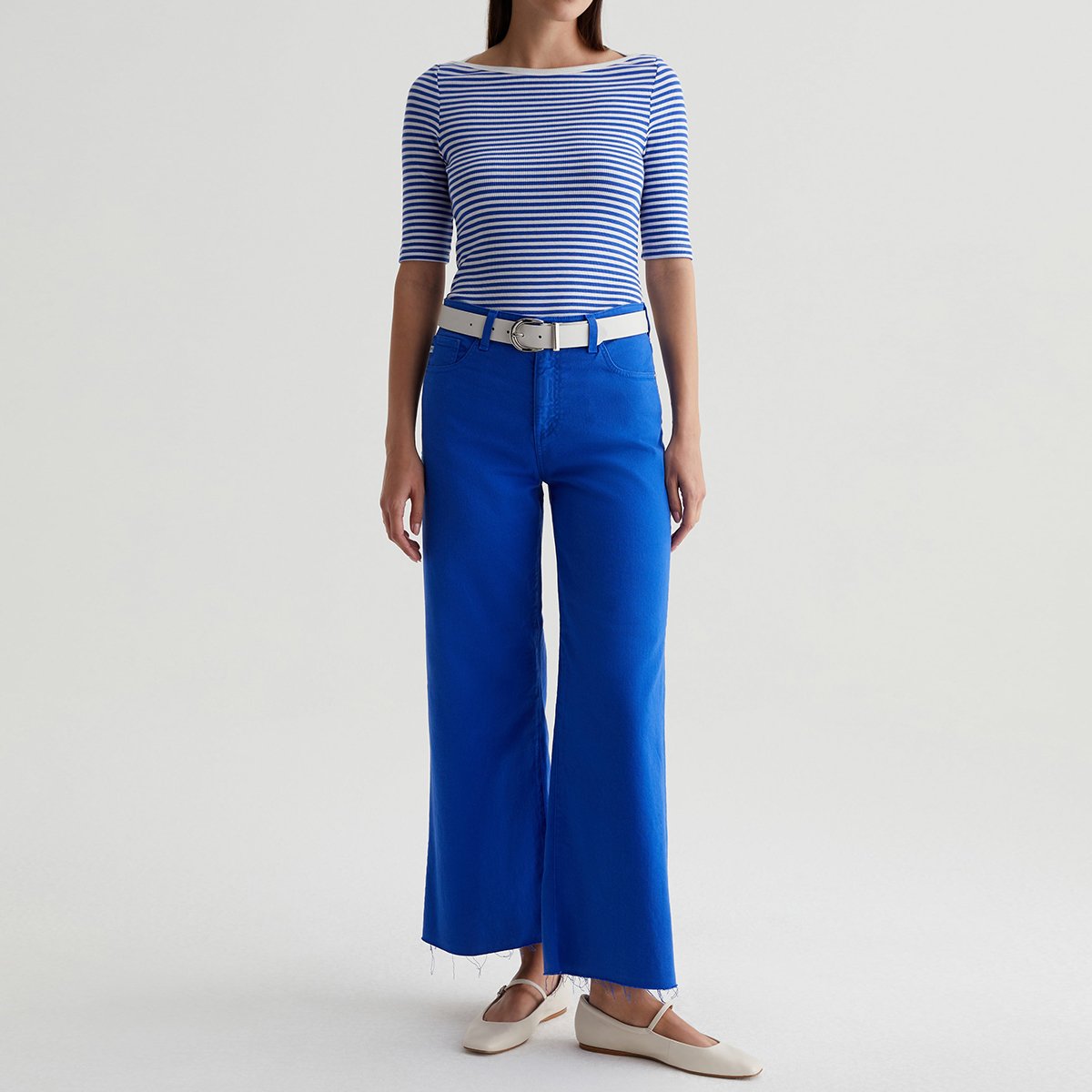 OEM/ODM Custom White Binding Navy Women's Elegant Boat Neck Top Tee - Slim Fit, Cap Sleeves, Striped Cotton-Blend