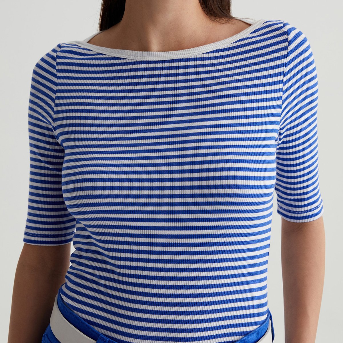 OEM/ODM Custom White Binding Navy Women's Elegant Boat Neck Top Tee - Slim Fit, Cap Sleeves, Striped Cotton-Blend