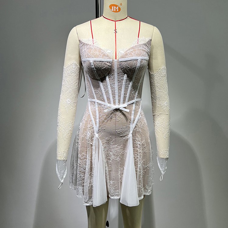 Women Party Sexy White Simple Lace Ruffles Breathable Fishbone Strapless Sleeveless Mini Dresses