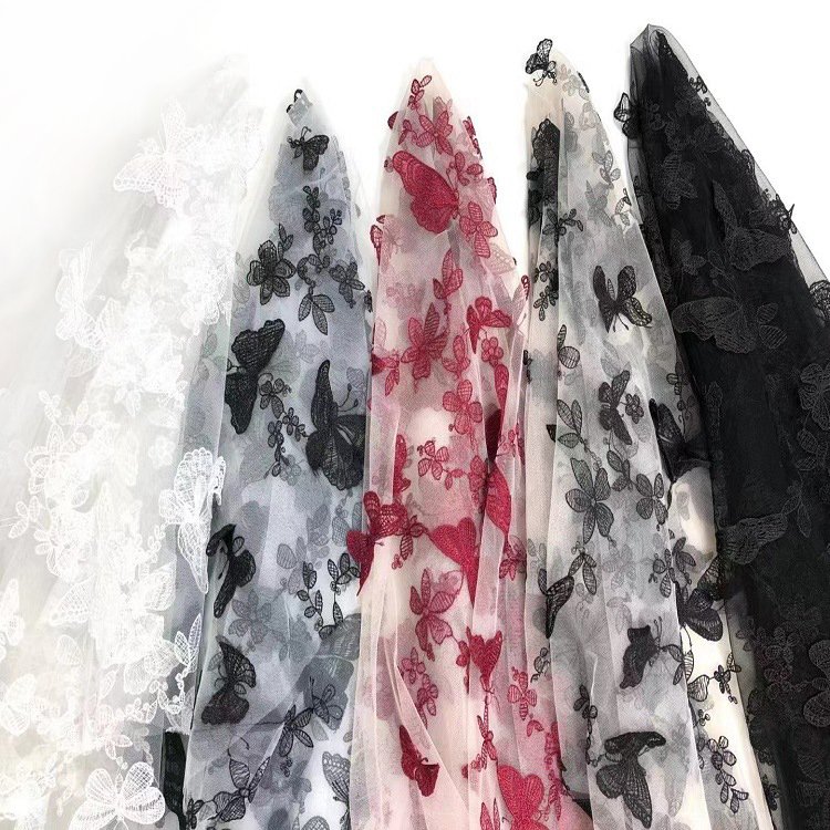 2024 new Flannel bottom lace fabric Full-width embroidery Mesh sequins butterfly embroidery lace fabric