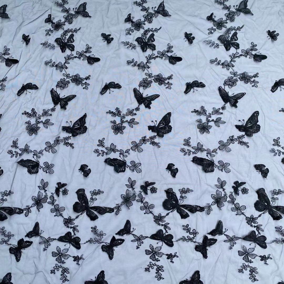 2024 new Flannel bottom lace fabric Full-width embroidery Mesh sequins butterfly embroidery lace fabric