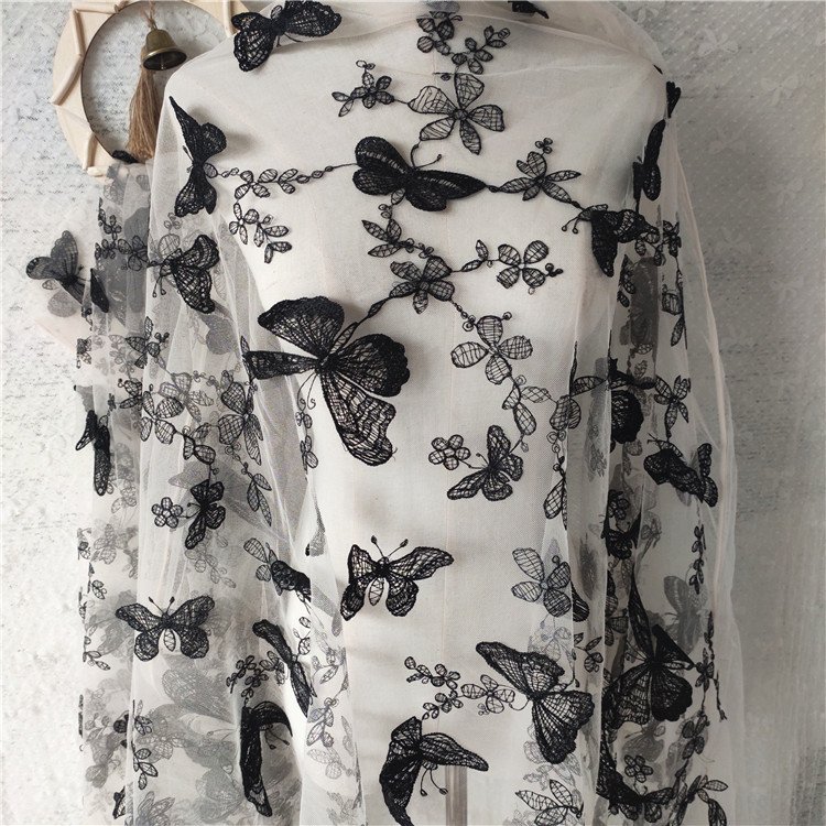 2024 new Flannel bottom lace fabric Full-width embroidery Mesh sequins butterfly embroidery lace fabric