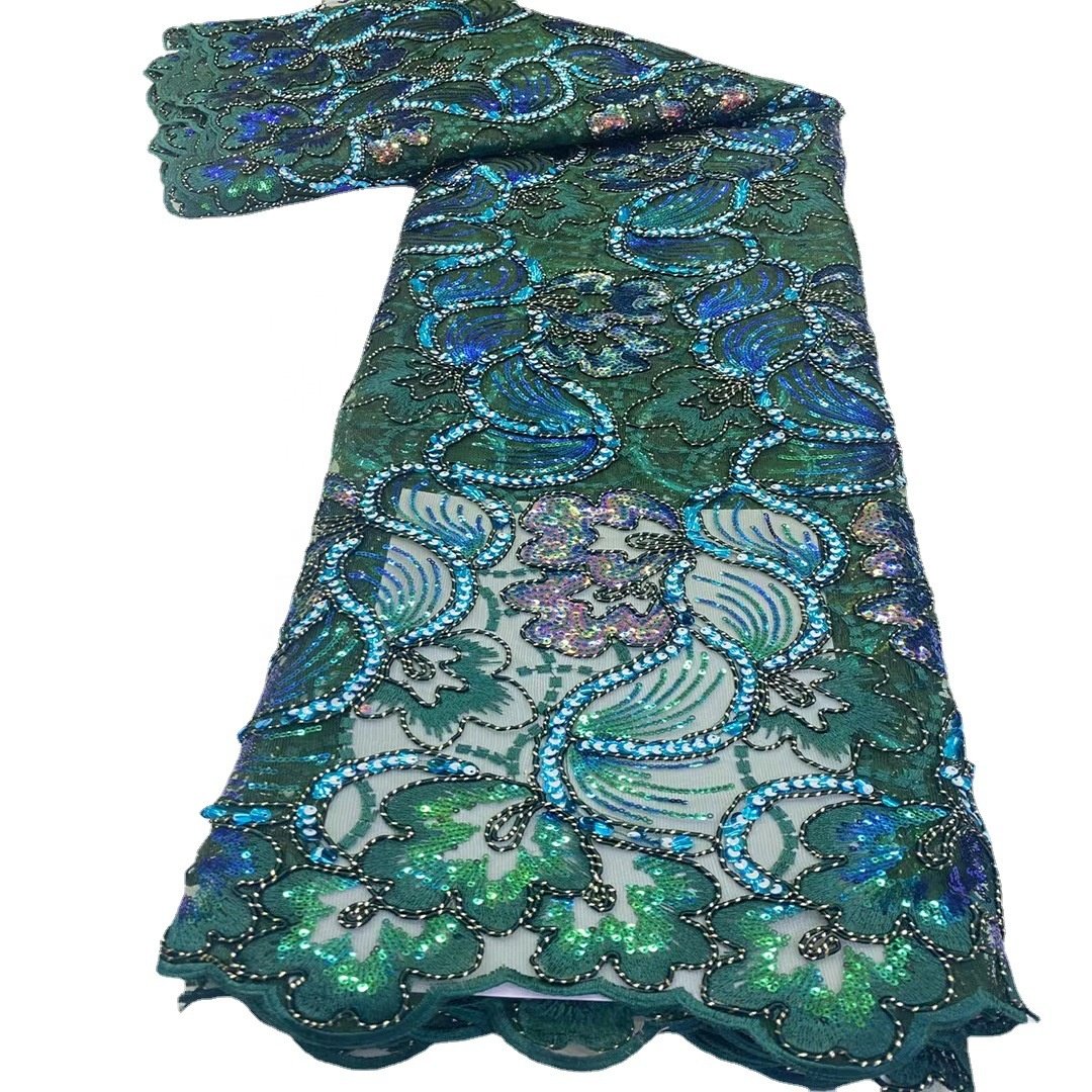 Sequined embroidered mesh fabrics for African national fashion dress
