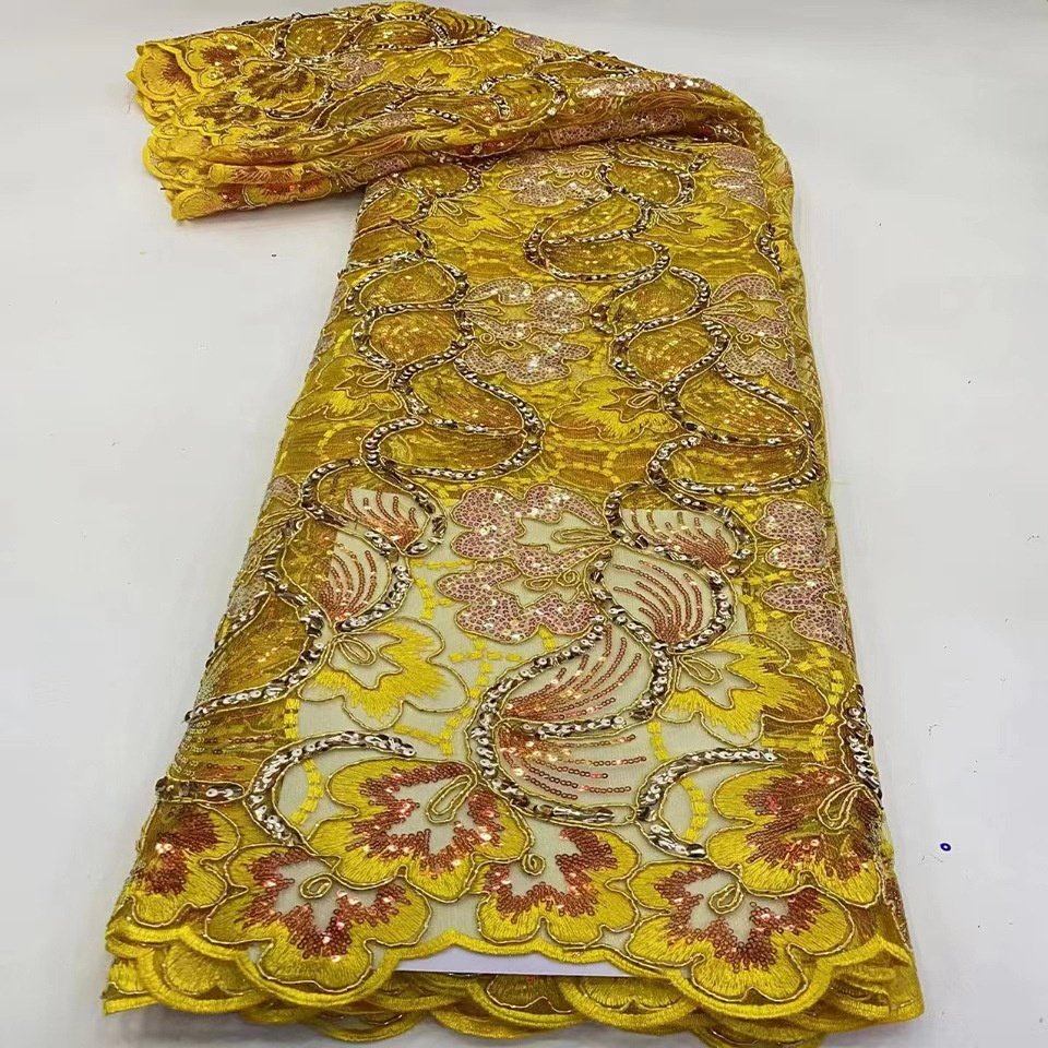Sequined embroidered mesh fabrics for African national fashion dress