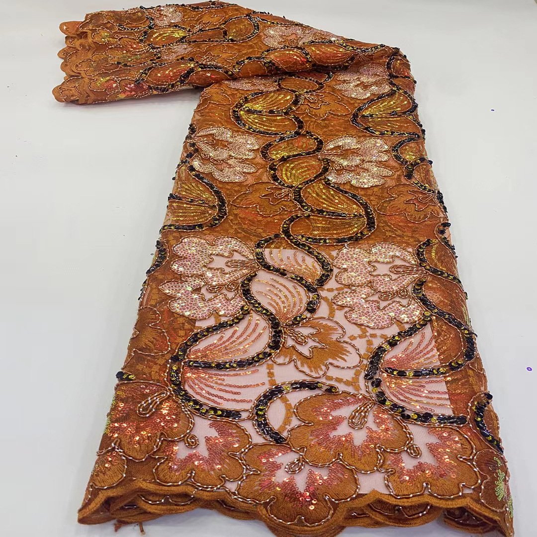 Sequined embroidered mesh fabrics for African national fashion dress