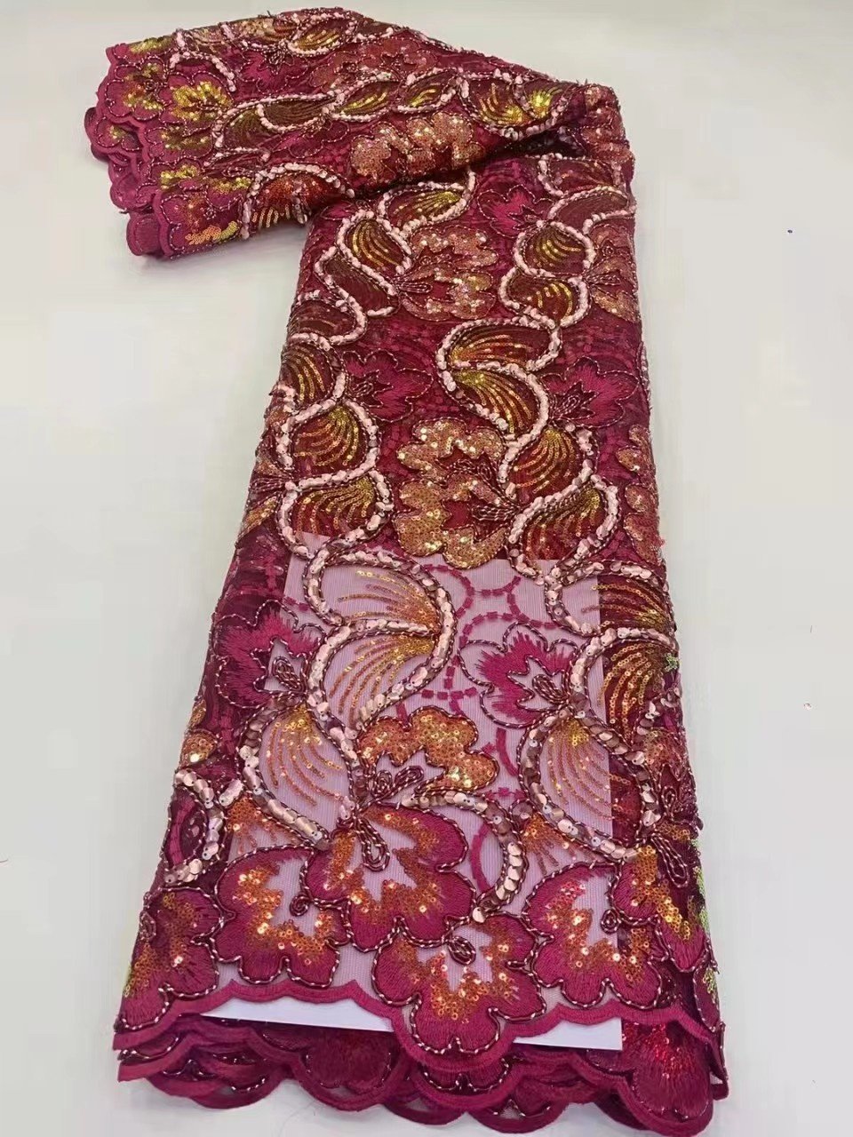 Sequined embroidered mesh fabrics for African national fashion dress