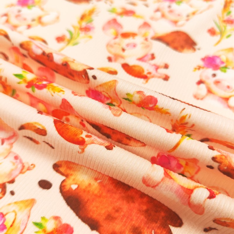 Cute spandex custom printed knitting thin jersey 2*2 rib elasticated fabric polyester for women's short t-shirt
