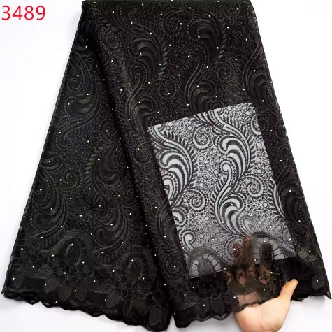 Factory Supply 5 Yards Nigeria Mesh Lace Fabric with Stones for Wedding Party Dresses