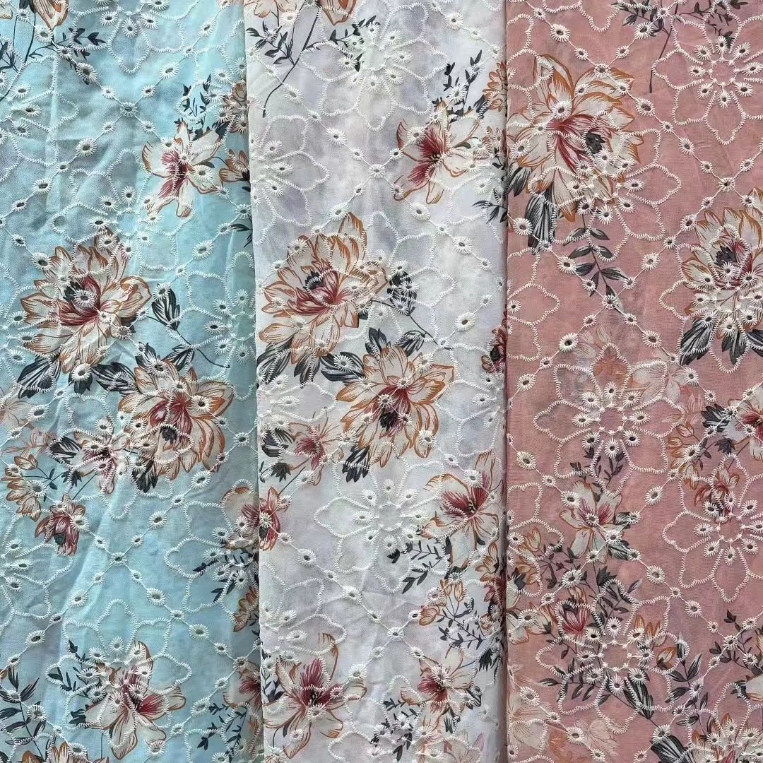 New woven chiffon plain crepe cotton floral print chiffon Miao hollow embroidery fabric
