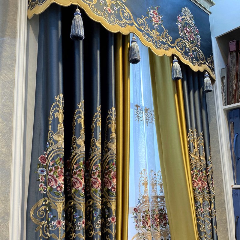 HD Luxury European Faux Silk Embroidery Blackout Curtain Fabric Custom Ready-Made Jacquard Velvet Texture Woven Black Color