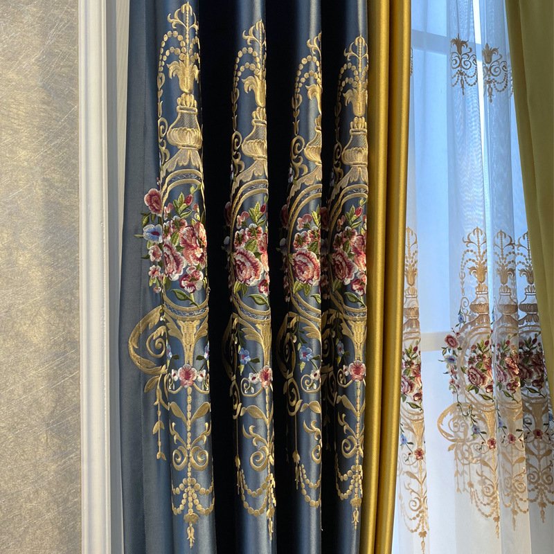 HD Luxury European Faux Silk Embroidery Blackout Curtain Fabric Custom Ready-Made Jacquard Velvet Texture Woven Black Color