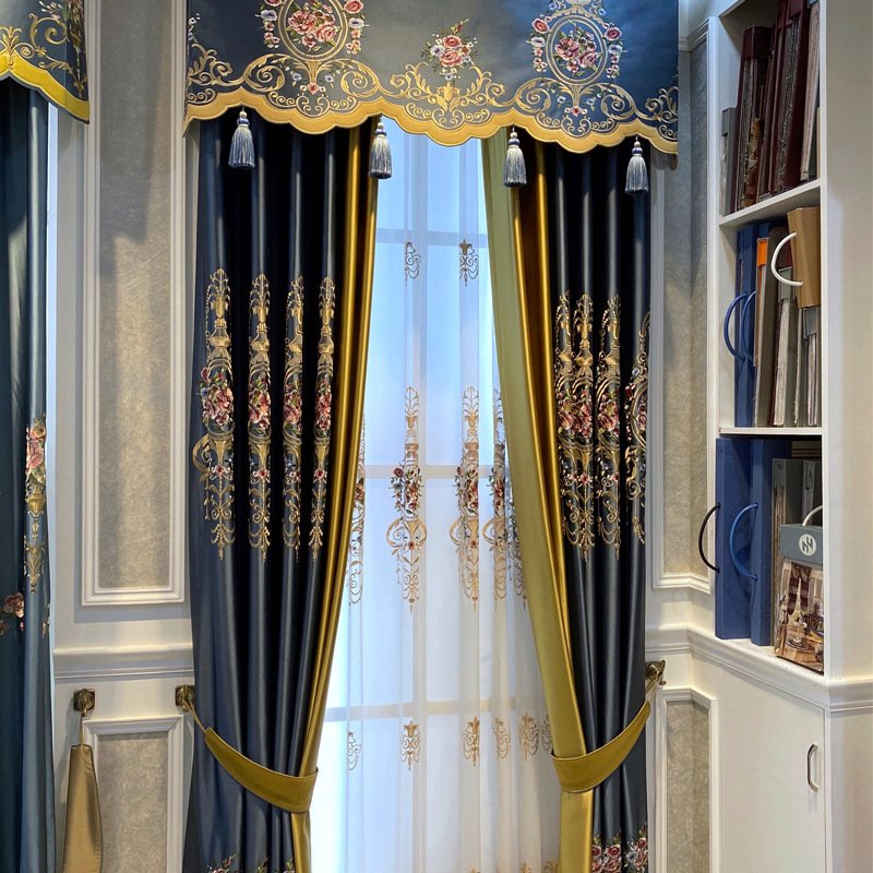 HD Luxury European Faux Silk Embroidery Blackout Curtain Fabric Custom Ready-Made Jacquard Velvet Texture Woven Black Color