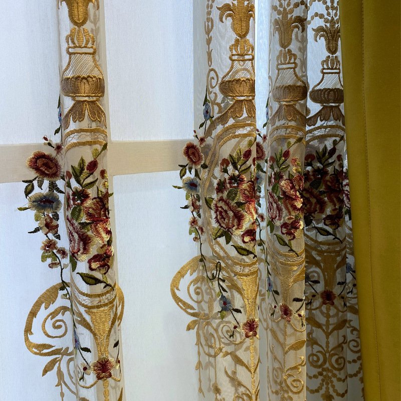 HD Luxury European Faux Silk Embroidery Blackout Curtain Fabric Custom Ready-Made Jacquard Velvet Texture Woven Black Color