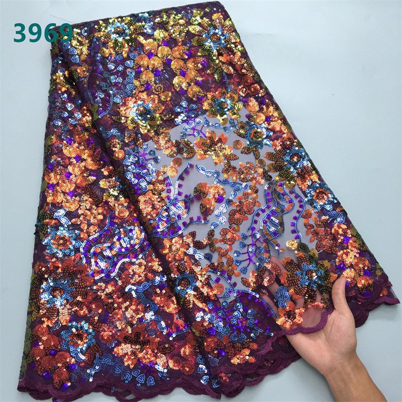 Luxury African Lace Fabric with Sequins Latest High Quality French Tulle Mesh Lace Fabric for Sewing Party Dresses 3969