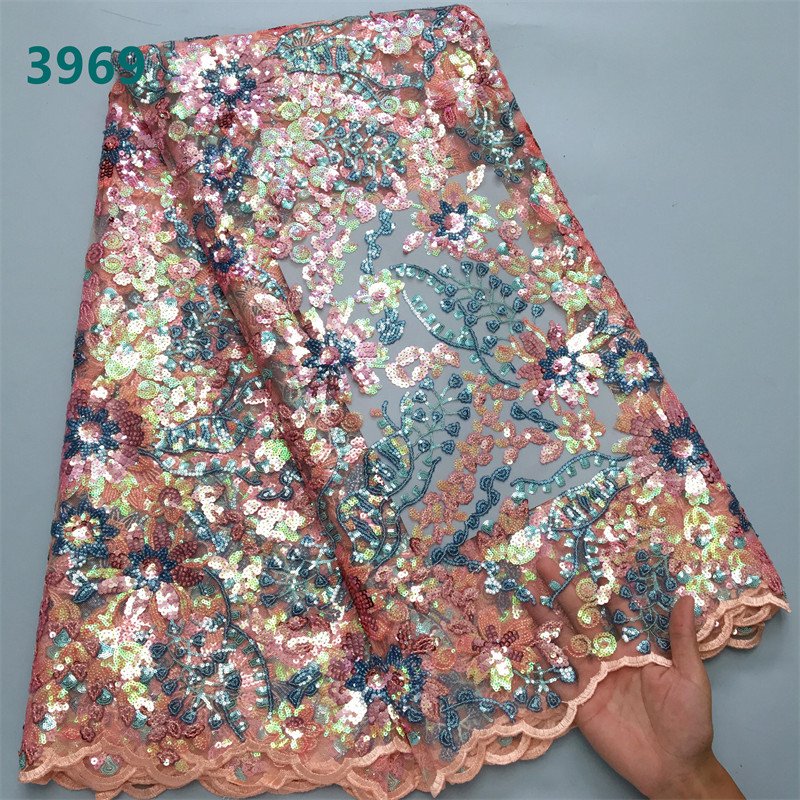 Luxury African Lace Fabric with Sequins Latest High Quality French Tulle Mesh Lace Fabric for Sewing Party Dresses 3969