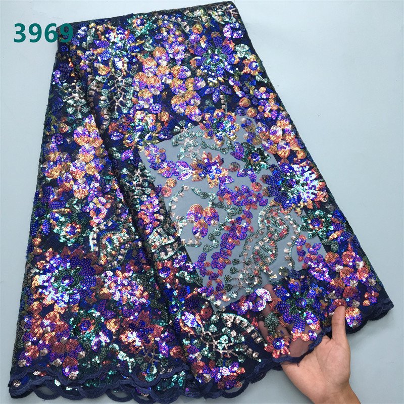 Luxury African Lace Fabric with Sequins Latest High Quality French Tulle Mesh Lace Fabric for Sewing Party Dresses 3969