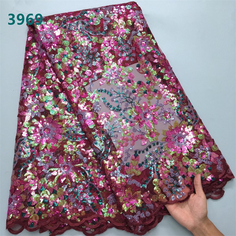 Luxury African Lace Fabric with Sequins Latest High Quality French Tulle Mesh Lace Fabric for Sewing Party Dresses 3969