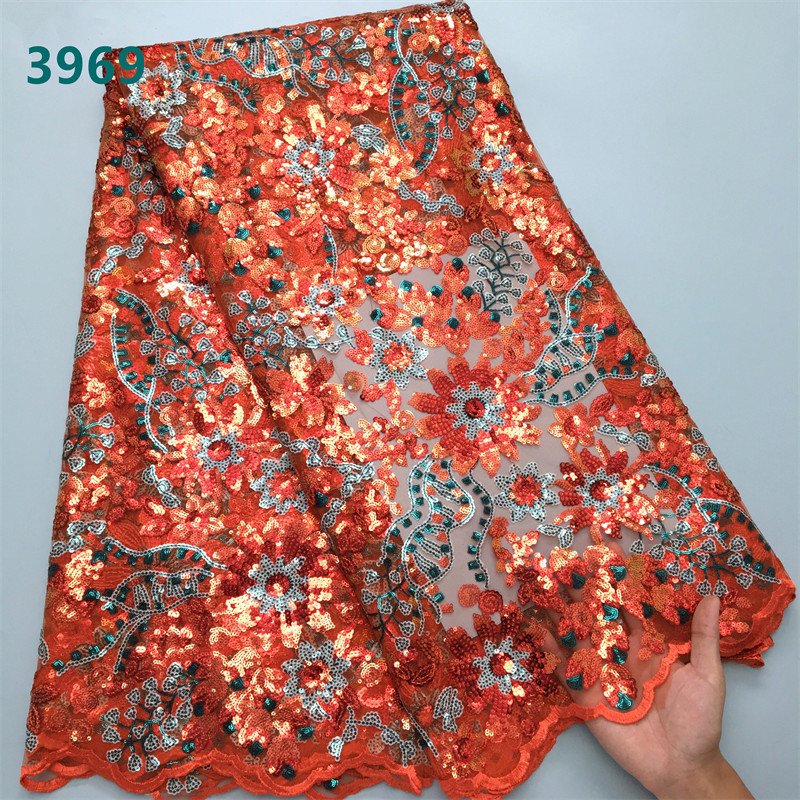 Luxury African Lace Fabric with Sequins Latest High Quality French Tulle Mesh Lace Fabric for Sewing Party Dresses 3969