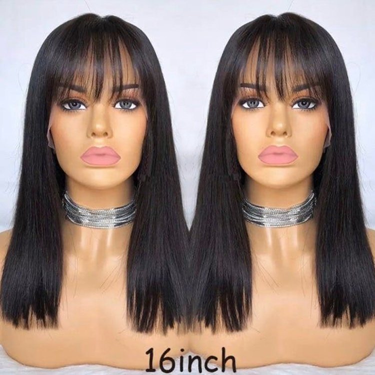 180% Density Straight Human Lace Frontal Wigs with Bangs Brazilian Human Hair Blunt Cut Bob Lace Wigs