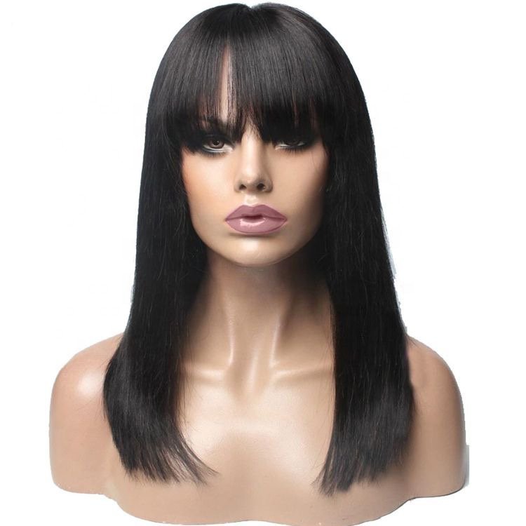 180% Density Straight Human Lace Frontal Wigs with Bangs Brazilian Human Hair Blunt Cut Bob Lace Wigs