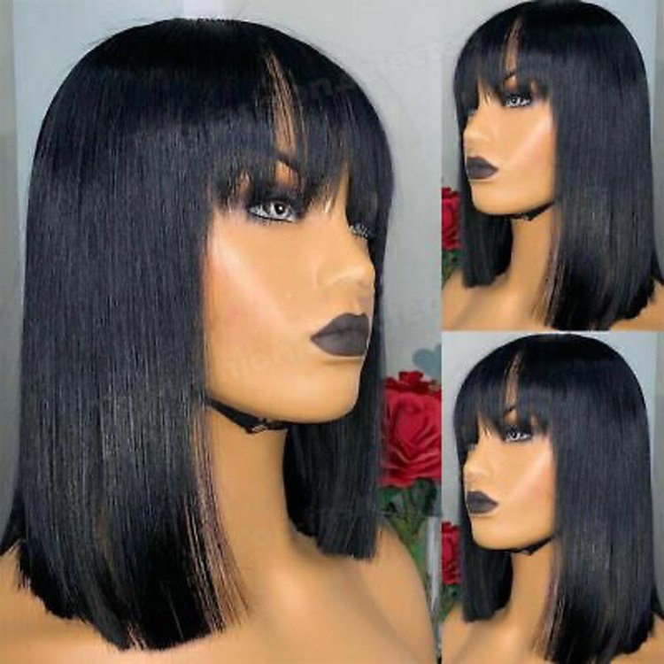 180% Density Straight Human Lace Frontal Wigs with Bangs Brazilian Human Hair Blunt Cut Bob Lace Wigs