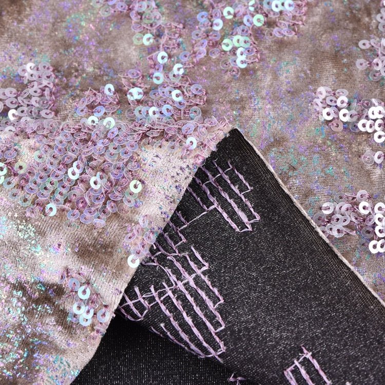 Polyester Stretch Knitted Foil Print Shiny Metallic Sequin Velvet Embroidery Fabric