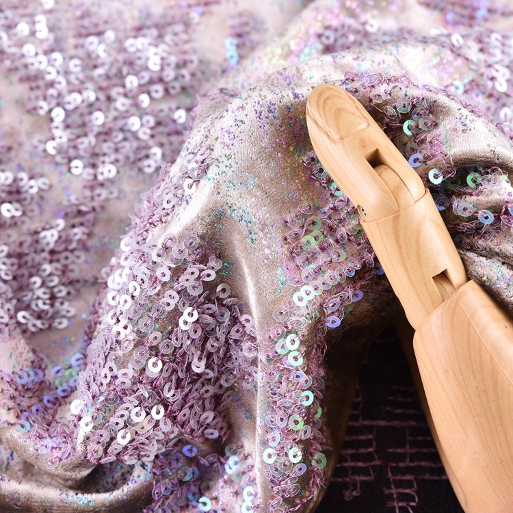 Polyester Stretch Knitted Foil Print Shiny Metallic Sequin Velvet Embroidery Fabric
