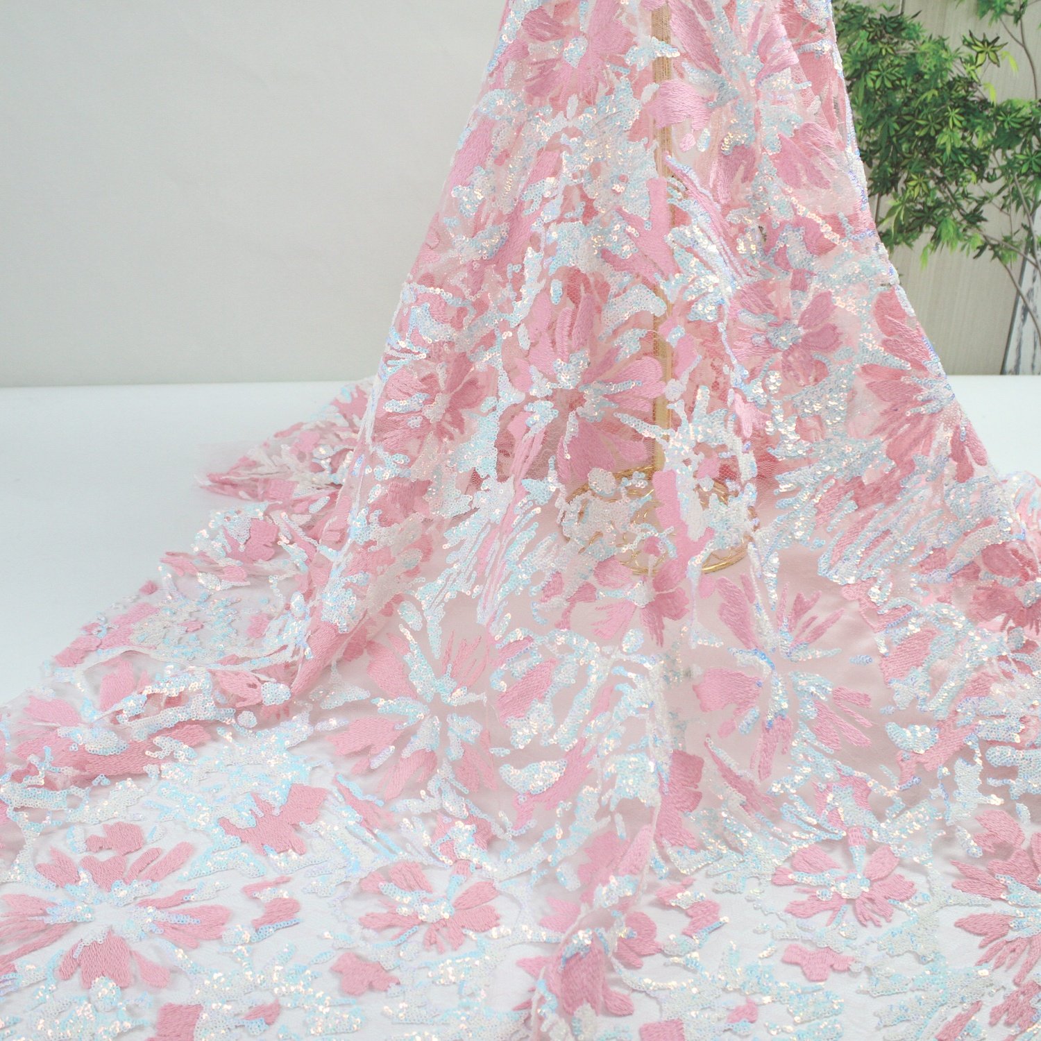 LH hot sale pink bridal embroidery fabric french lace glitter sequined embroidery fabrics for clothing material