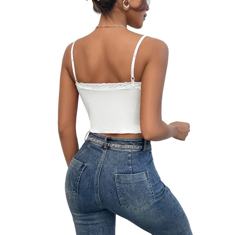 Women Lace Trim Cami White Tank Top