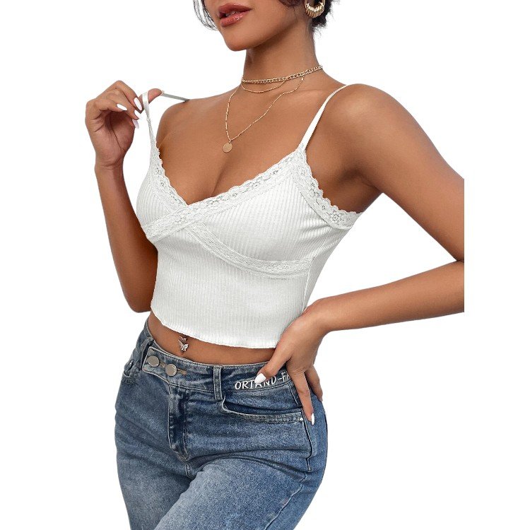 Women Lace Trim Cami White Tank Top