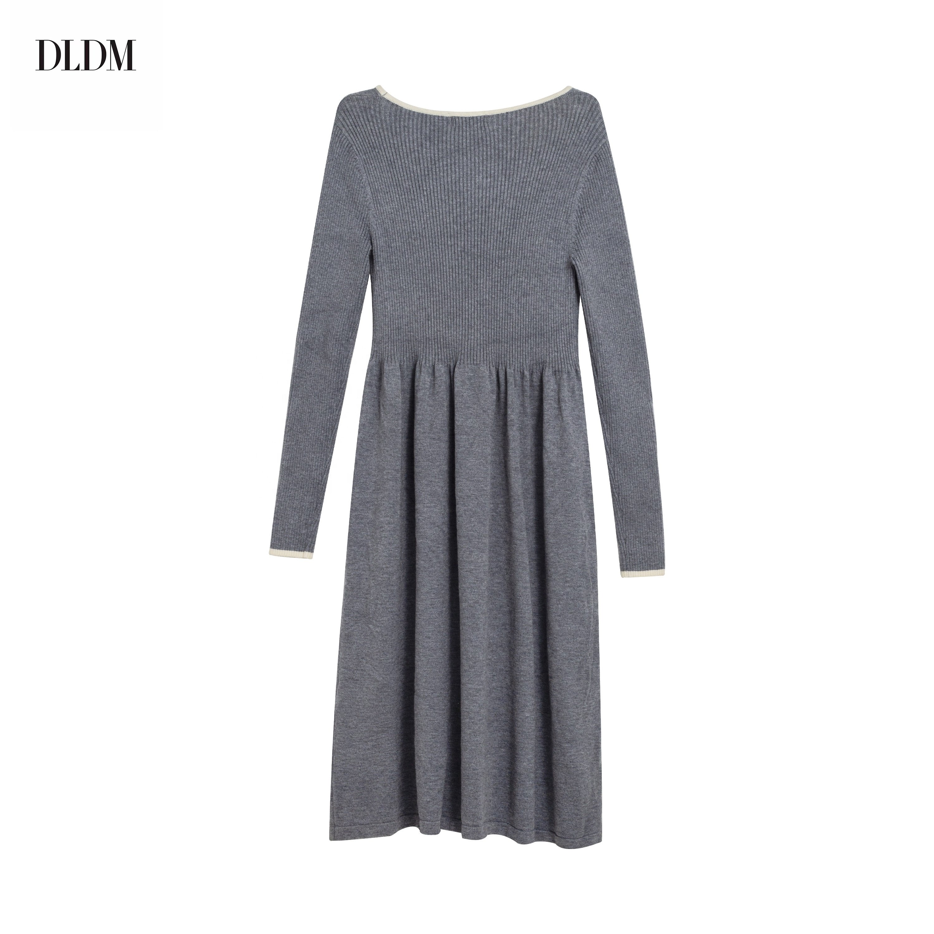 DLDM OEM&ODM Custom A-Line French Elegant Scoop Neck Long Sleeve Pleated Flare Silhouette Women Knitted Ruffle Dresses For Lady
