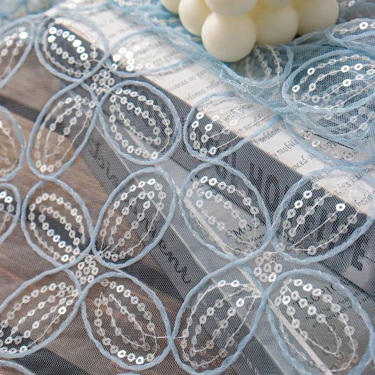 Newest Shiny Sequins Lace Fabric Blue Gold Embroidery Tulle Bridal Lace Dress Fabric For Show In Dubai For Dress