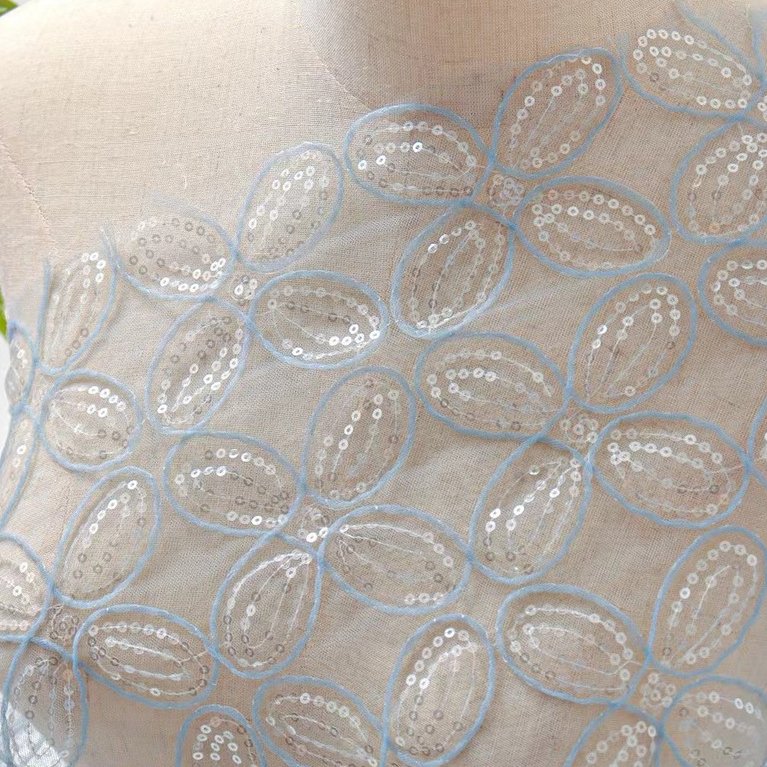 Newest Shiny Sequins Lace Fabric Blue Gold Embroidery Tulle Bridal Lace Dress Fabric For Show In Dubai For Dress