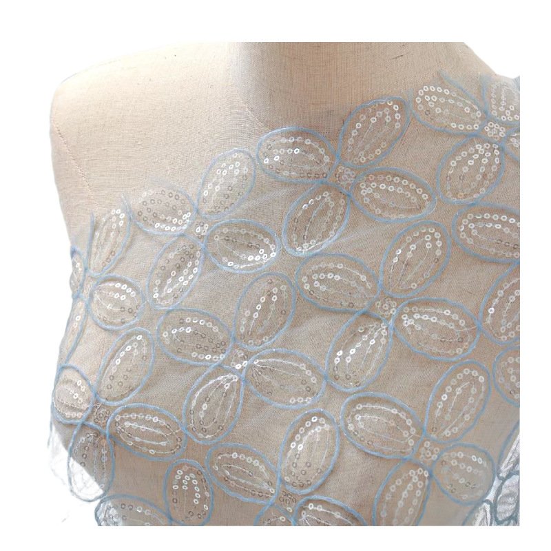 Newest Shiny Sequins Lace Fabric Blue Gold Embroidery Tulle Bridal Lace Dress Fabric For Show In Dubai For Dress