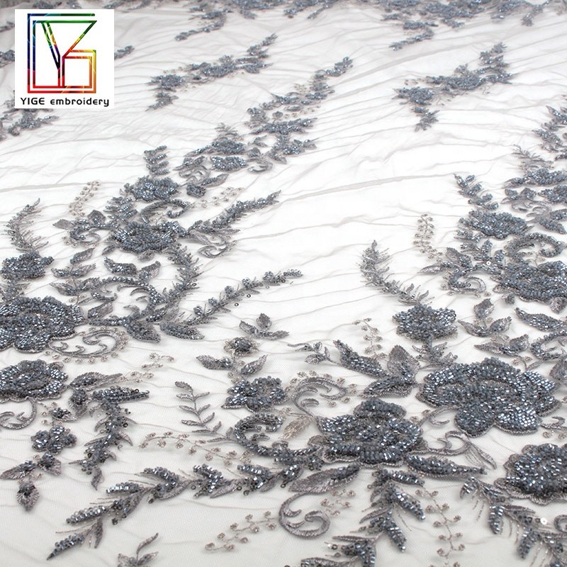 2022 Fashion 100%polyester tulle mesh luxurious beads french With Sequins lace fabric for evening dress