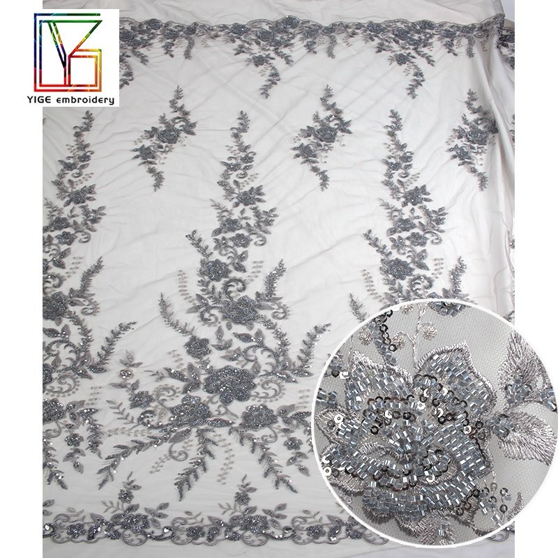 2022 Fashion 100%polyester tulle mesh luxurious beads french With Sequins lace fabric for evening dress