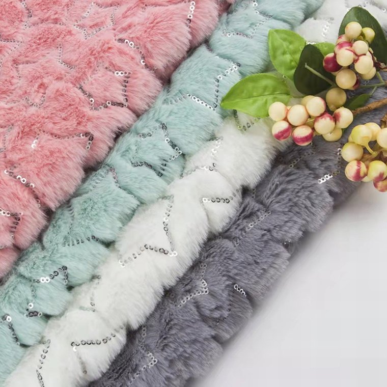 Recycled 100 Polyester Custom Embroidered Rabbit Fur Sequin Embroidery On Plush Fabric for Home Textile