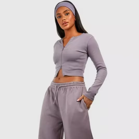 DOUBLE ZIP LONG SLEEVE RIB TOP AND STRAIGHT LEG JOGGER SET