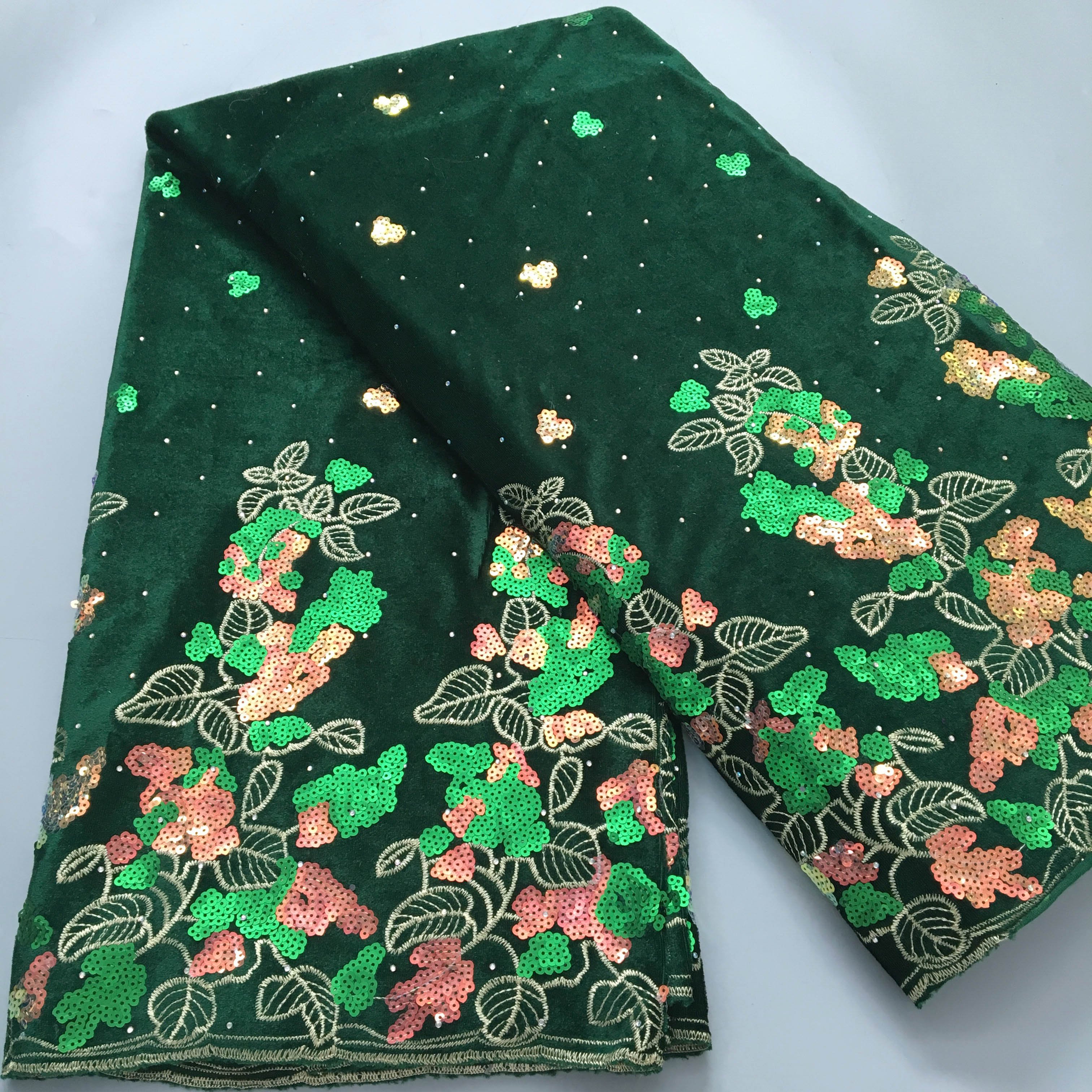 Newest Green African Velvet Lace Fabric with Sequins Wholesale Embroidery Flocking Lace Fabric for Women Party Dresses 3996