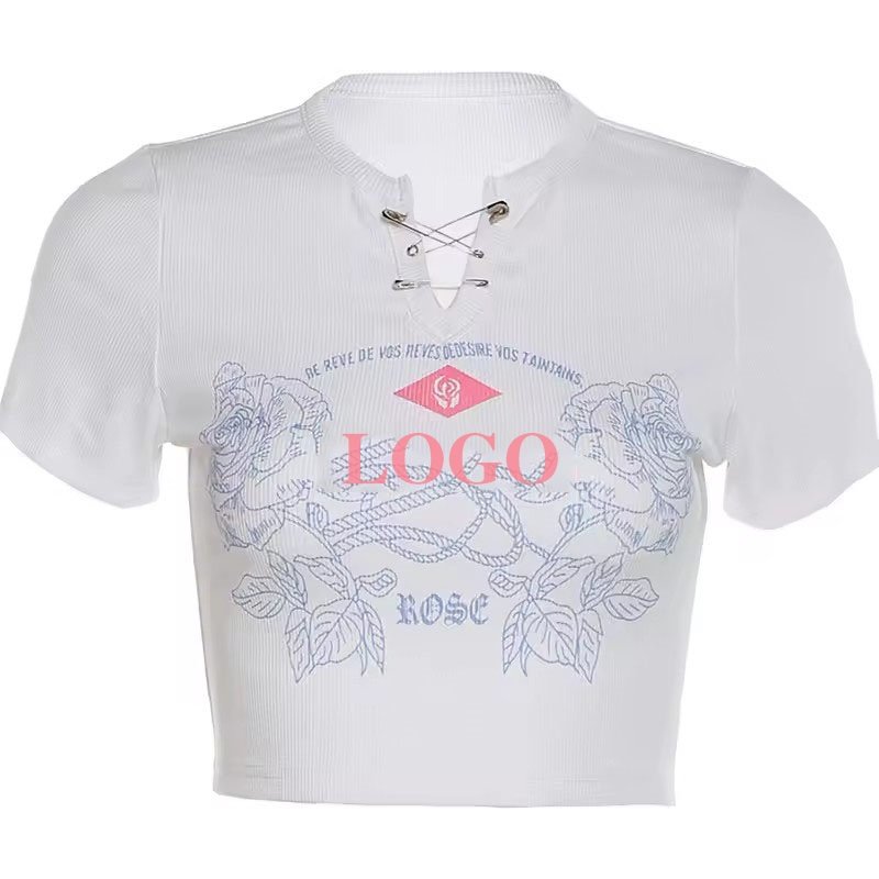 Custom Printing Crop Top T-shirts Women's Breathable Casual Midriff-baring T shirts Wholesale Blank ribbed t shirt