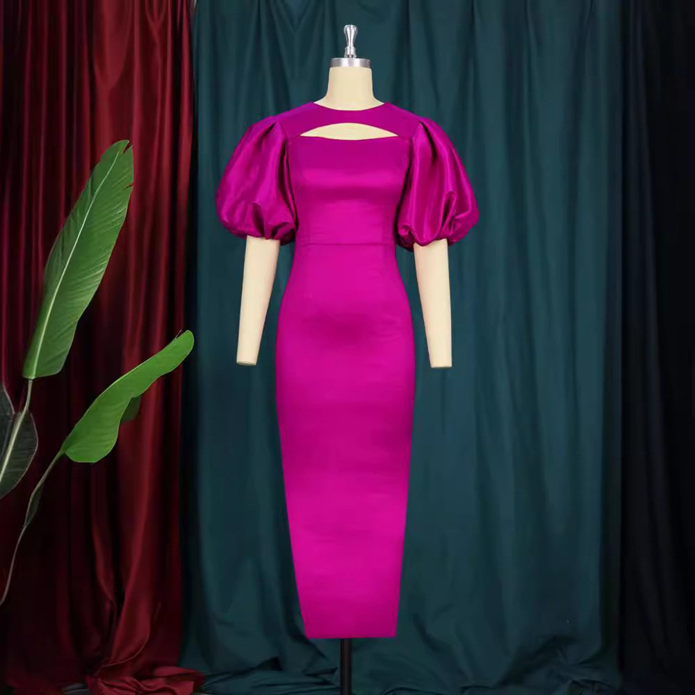 Summer New Round Neck Puff Sleeve Women's High Waist dress Dress Party