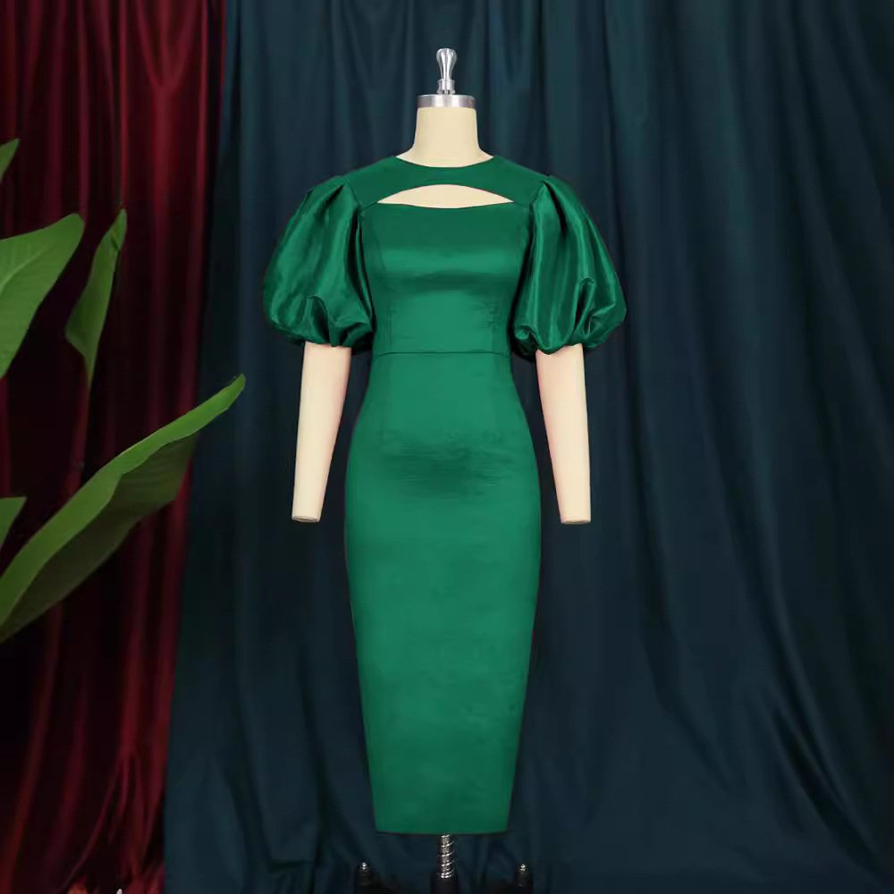 Summer New Round Neck Puff Sleeve Women's High Waist dress Dress Party
